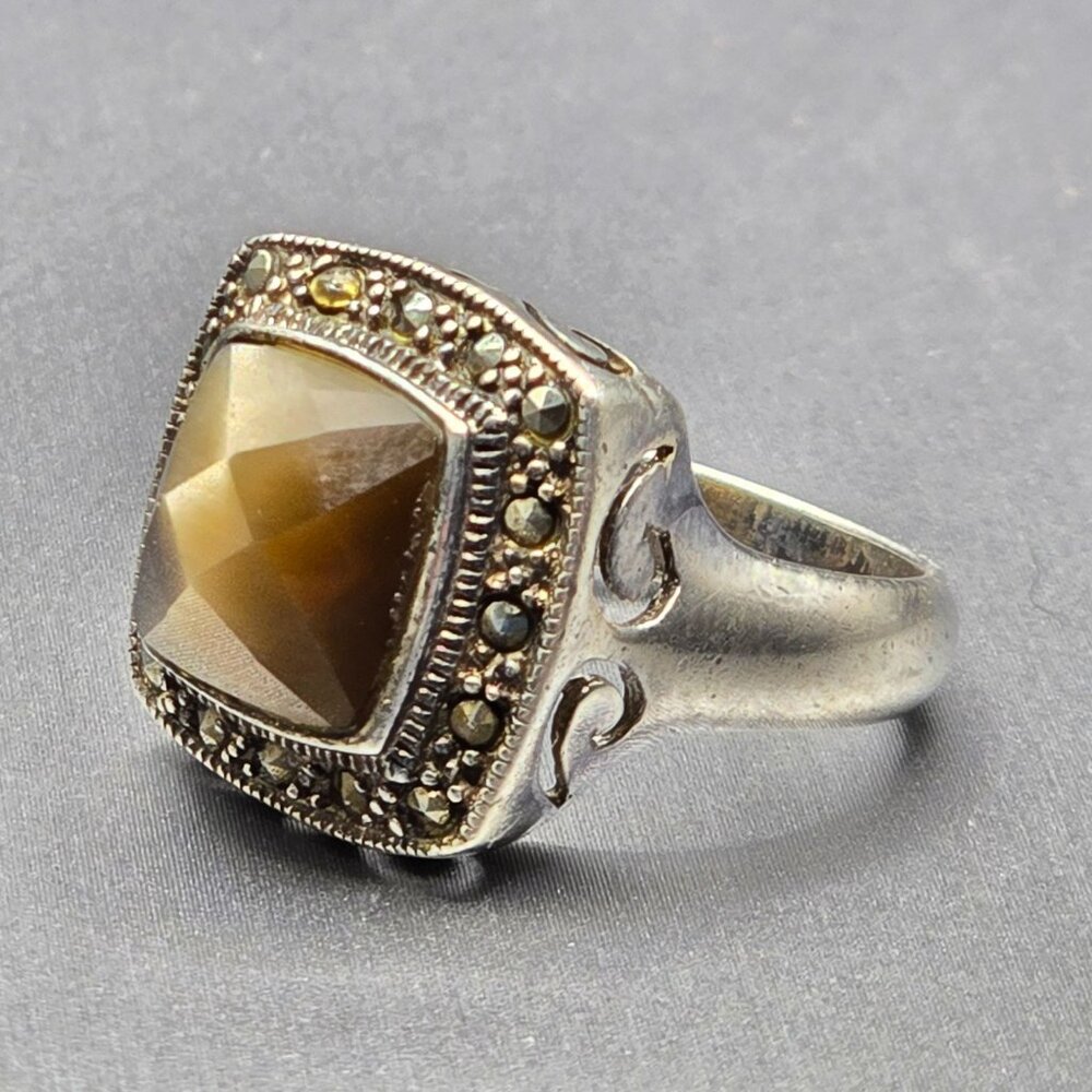 Sterling Silver 925 Smokey Quartz Marcasite Ring Size 8 Checkerboard Dome 7.02g - Picture 12 of 15